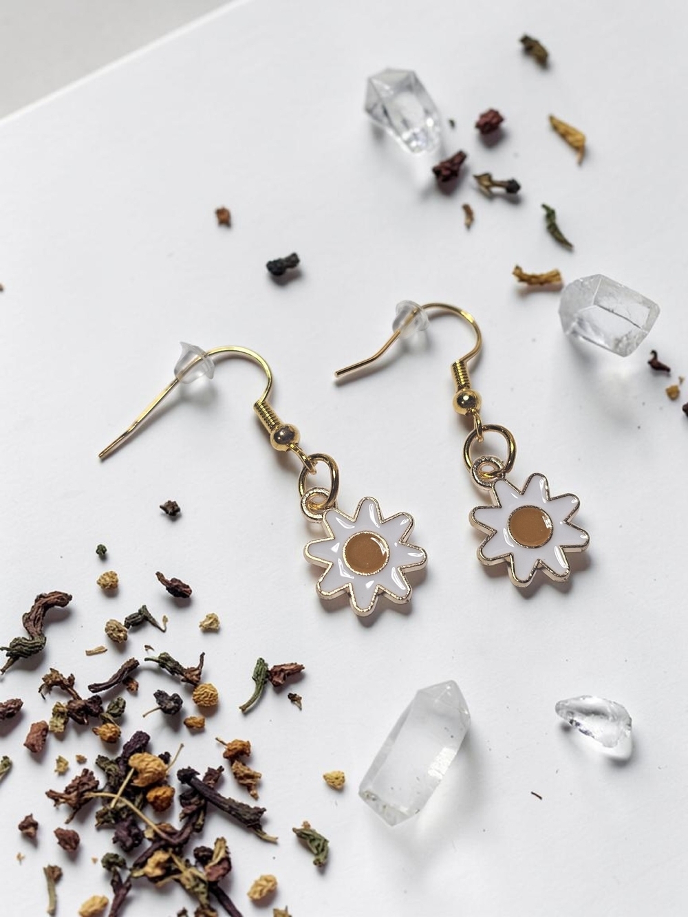 Gold Daisy Drop Earrings with White Enamel